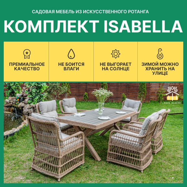 Обеденный комплект ISABELLA из искусственного ротанга с бежево серыми подушками